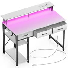 Image of Modern Computer Desk with LED Lights & USB Ports 100cm - 3 Drawers, 2 Shelves