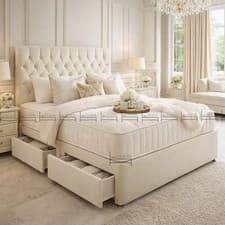 Image of Luxury Plush Velvet Chesterfield Divan Bed With Orthopaedic Mattress + Headboard