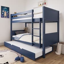 Image of Single Bunk Bed Detachable Navy Blue Wooden with Trundle Bed and Ladder
