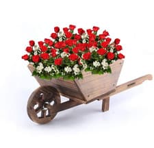 Image of Natural Garden Wood Construction Burnt Wooden Wheelbarrow Planter Flower Cart