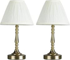 Image of Antique Brass Touch Table Lamp with a Pleated Cream Shade Table Lamps
