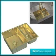 Image of Brushed Brass Kitchen Sink 1.5 Bowl Stainless Steel Inset FREE Waste Kit