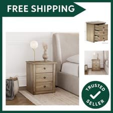 Image of Bedside Table Solid Pine 3 Drawer Chest Bedroom Furniture Waxed