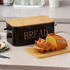 Image of Large Metal Bread Bin with Bamboo Lid Kitchen Loaf Storage Container with Handle