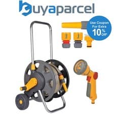 Image of Hozelock 45m Free Standing Garden Hose Cart 20m Hose Connector Spray Gun 2489
