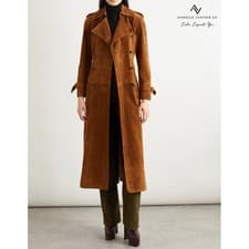 Image of Womens Suede Leather Trench Coat Long Belted Brown Double Breasted