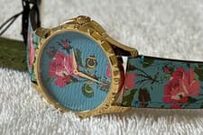 Image of Gucci G-Timeless YA1264085 aqua floral print leather gold 38mm ladies Watch
