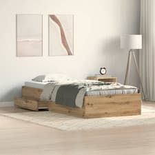 Image of Bed Frame King 100x200 cm Engineered Oak with Storage Drawers Old Wood Slatted!
