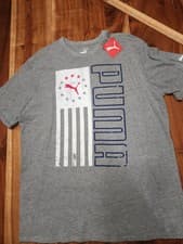 Image of PUMA Men Vertical Flag L Short Sleeves Big Logo Cotton Tee T-Shirt Gray Graphic