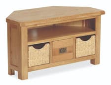 Image of Oakvale Oak Corner TV Unit with Wicker Drawers / Oak Corner Tv Stand / Built