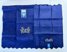 Image of Tea Towel COBALT Scalloped Linen Italian Made MCM Table Runner NOS Embroidered