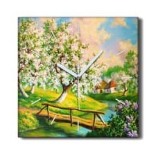 Image of Silent Wall Clock Canvas 30x30 Painting Countryside River Trees Flowers Nature