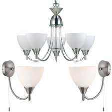 Image of 5 Lamp Ceiling & 2x Wall Light Pack Satin Chrome Glass Matching Indoor Fittings