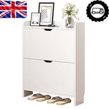 Image of 2-Tier Wooden Entrance Shoe Cabinet with Flip Drawers Narrow Shoe Storage Cabine