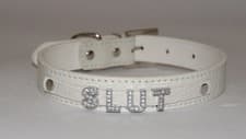 Image of SLUT White Bondage Collar Slave Sub Submissive Wife Threesome Faux Leather UK