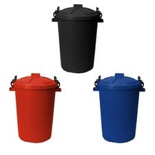 Image of 3 x 50L Dustbin Locking Lid Heavy Duty Plastic Storage Feed - Black, Red & Blue