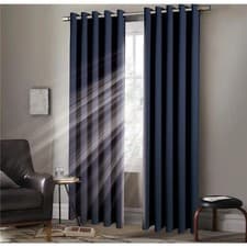Image of Navy Blue EYELET Ring Top Plain Thermal BLACKOUT LINED Curtains with Tie Backs