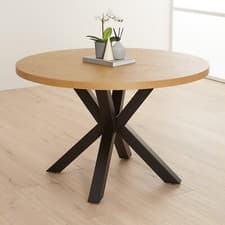 Image of Round Dining Table Black Starburst Legs Parquet Natural Oak 120cm 4/6 Seater
