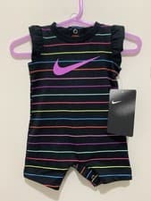 Image of New Baby Girls Nike Black Colourful Striped Pink Logo Summer Romper Suit Newborn