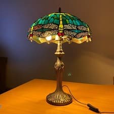 Image of TIFFANY TABLE LAMP 16 INCH GREEN DRAGONFLY STYLE STAINED GLASS SHADE HOME DECOR
