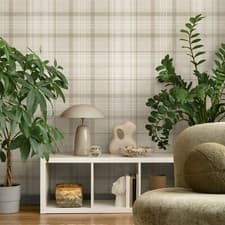 Image of Neutral Check Wallpaper Tartan Country Style Feature Wall Lounge Bedroom Hallway