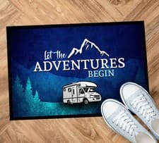 Image of Camper van Door mat - Navy Blue Adventures begin Camper van 60x40cm Door Mat