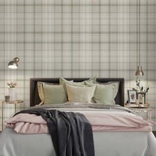 Image of Green Check Wallpaper Tartan Country Style Feature Wall Lounge Bedroom Hallway
