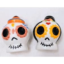 Image of MR & MRS Halloween Salt & Pepper Shakers Day Of The Dead Skull Ceramic New w Box