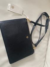 Image of tory Burch women's Kira pebbled top zip cross body bag in black new whit tags