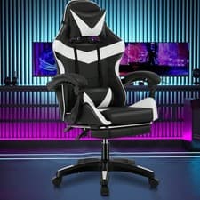 Image of Black White Gaming Chair Ergonomic PU Leather 175 Reclining With Footrest