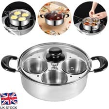Image of Egg Poacher Poached Egg Maker Pot Egg Poaching Pan 4 Bowls Stainless Steel New