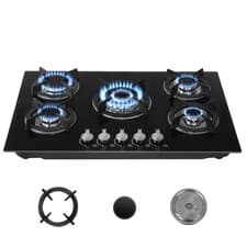 Image of Gas Hob 5 burners, 77cm Black Tempered Glass Gas Hob with Cast Iron Supports