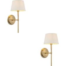 Image of 2 PACK Indoor Antique Brass Plate Wall Light - Ivory Linen Mix Shade 6W LED E14