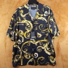 Image of VERSACE COUTURE Shirt Mens Size 48 Black Gold Button Garland Baroque Logo $425