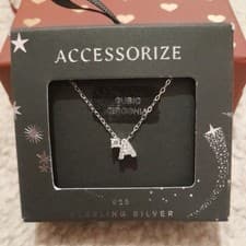 Image of Accessorize Letter A Necklace 925 Sterling Silver Cubic Zirconia Initial A