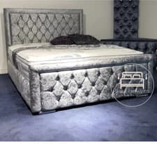 Image of Crushed Velvet Chesterfield Bed with Diamante Detail + Gas Lift Ottoman Storage