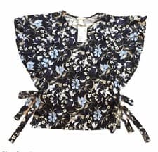 Image of H&M Womens Blouse Top Sze S Navy Blue Floral Flared Short Sleeve Jersey Tie-Side