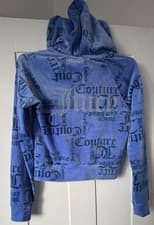 Image of Juicy Couture Hoodie Cropped Monogram Track Jacket Blue Velour Diamanté Large