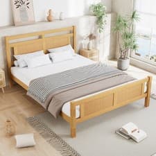 Image of Double Bed Frame with Rattan Headboard&Footboard 4ft6 Wood Platform Bed Frame