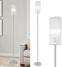 Image of Modern Crystal Floor Lamp Chrome Glass Shade Tall Standing Light Living Room