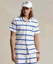 Image of $138 Polo Ralph Lauren Men's Striped Terry Camp Shirt, Blue/White, Sz Medium