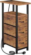 Image of Slim Bedside Table with Charging Station, Narrow Side Table with 3 Fabric Drawer