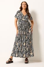 Image of Yours Curve Women's Plus Size Leaf Print Wrap Front Maxi Dress