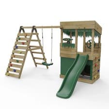 Image of Rebo Lookout Tower Playhouse - Swing and Climbing Wall 6ft Slide - Ascent