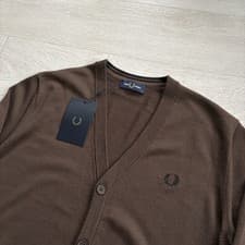 Image of BNWT Fred Perry Classic Cardigan Jumper Mens Size Large Brown Wool Cotton