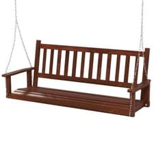 Image of 3-Person Wooden Garden Swing Bench Porch Hanging Swing Chair with Seat Brown