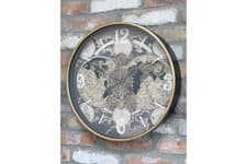 Image of Large 48cm Black Gold Industrial World Map Retro Metal Wall Clock Moving Cog