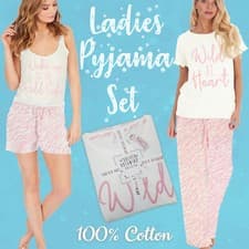 Image of Womens Ladies Pyjama Pajamas Pj Cream Vest T-shirt & Shorts Pant Set Cotton S-XL