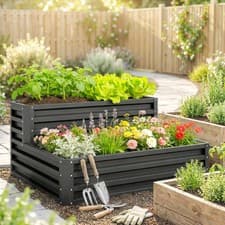 Image of 2 Tier Galvanised Raised Garden Bed Planter Box Open Bottom Dark Grey