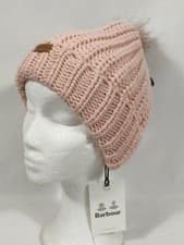 Image of Barbour Womens Saltburn Cuff Knit Beanie Winter Hat Pom Bobble Dusty Pink New
